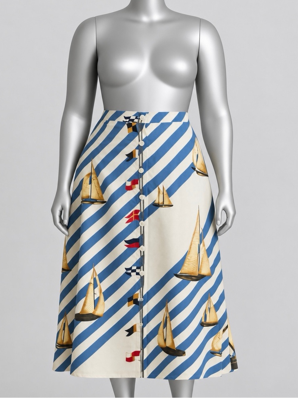 Lauren Ralph Lauren NWT Sailboat Stripe Midi Skirt Button Front Nautical